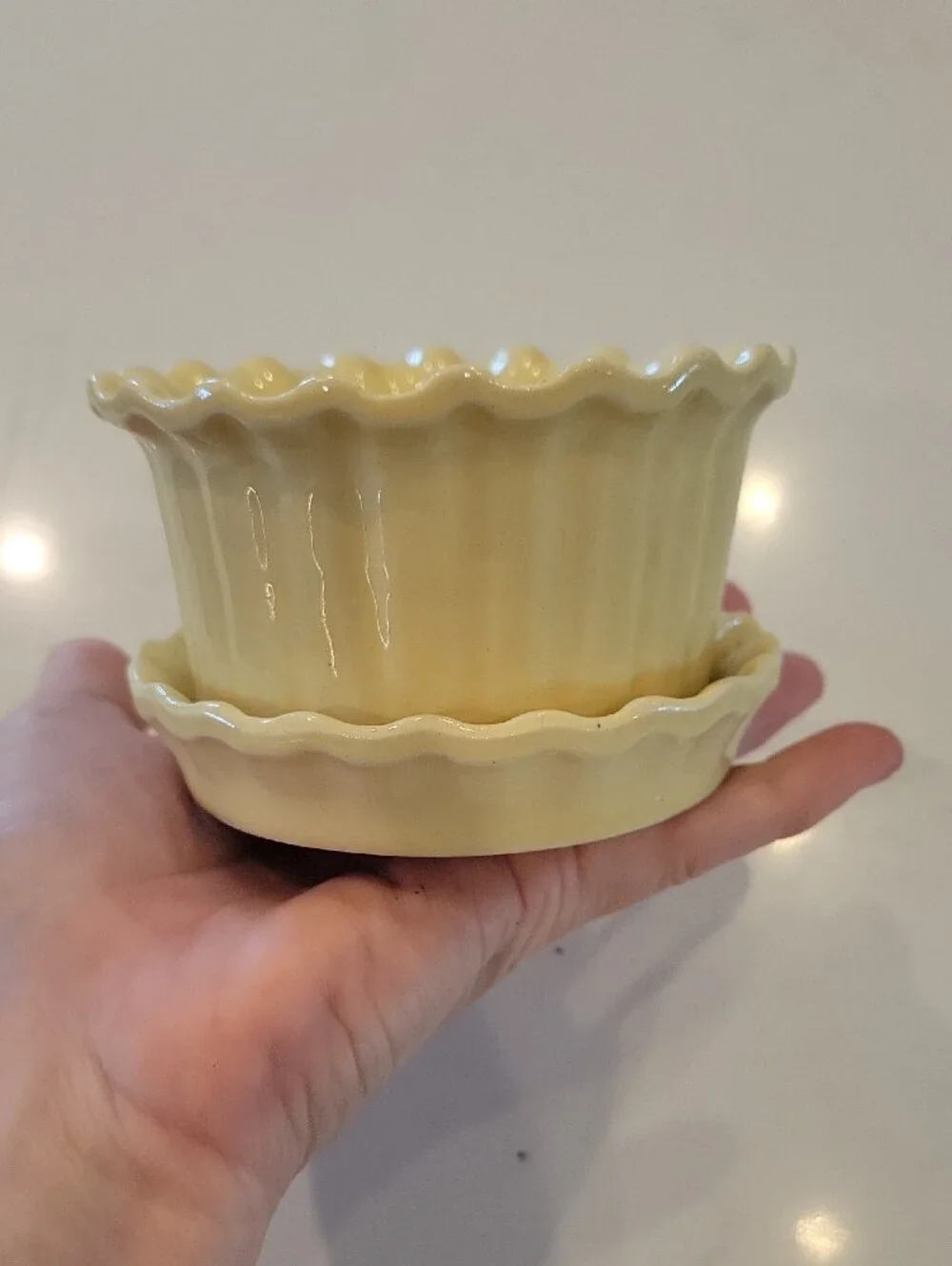 Vintage Buttercup Yellow Ceramic Scalloped Planter with Saucer
